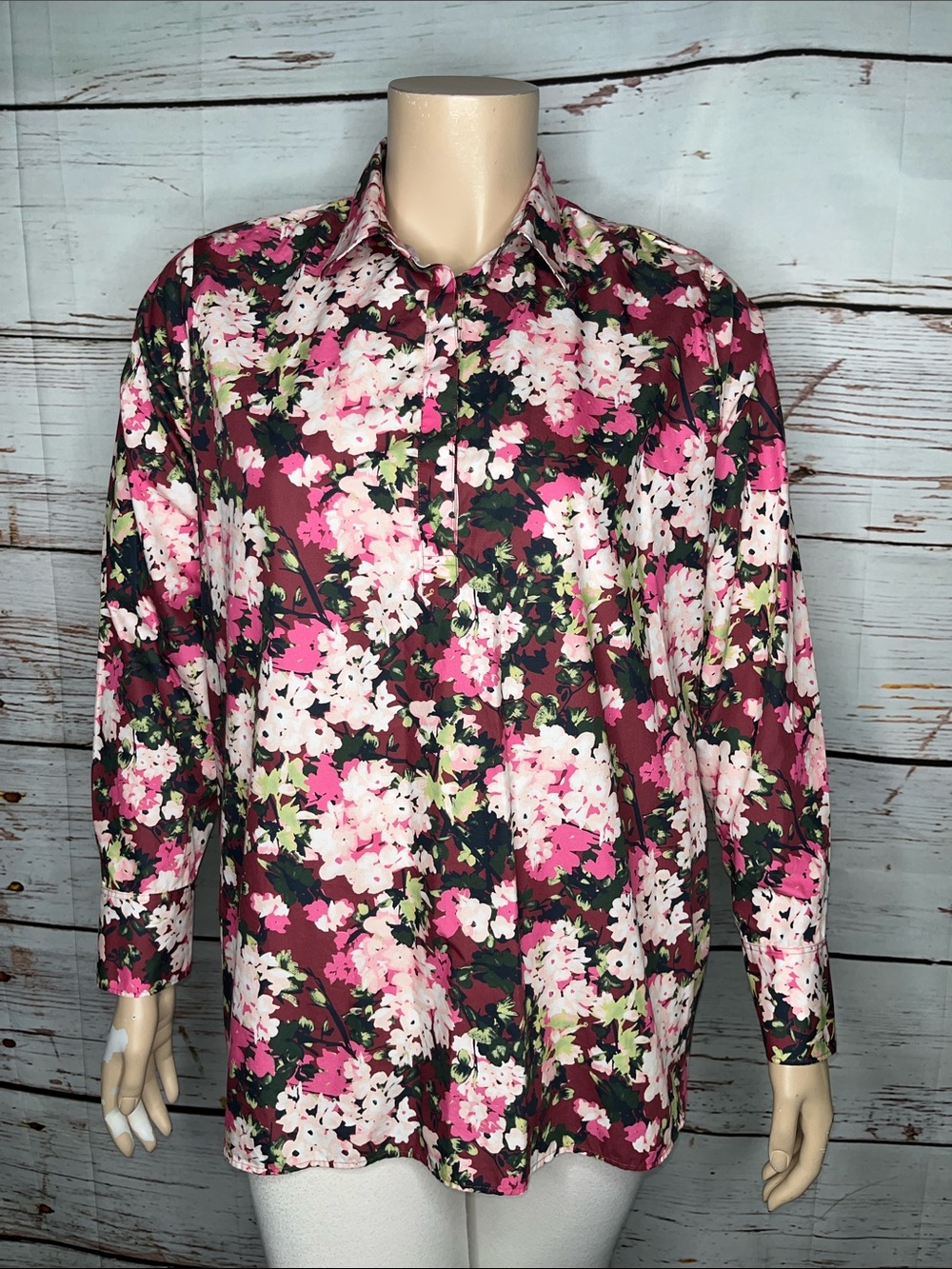 Lands’ End Size 18 Floral Print No Iron Supima Henley Shirt Top